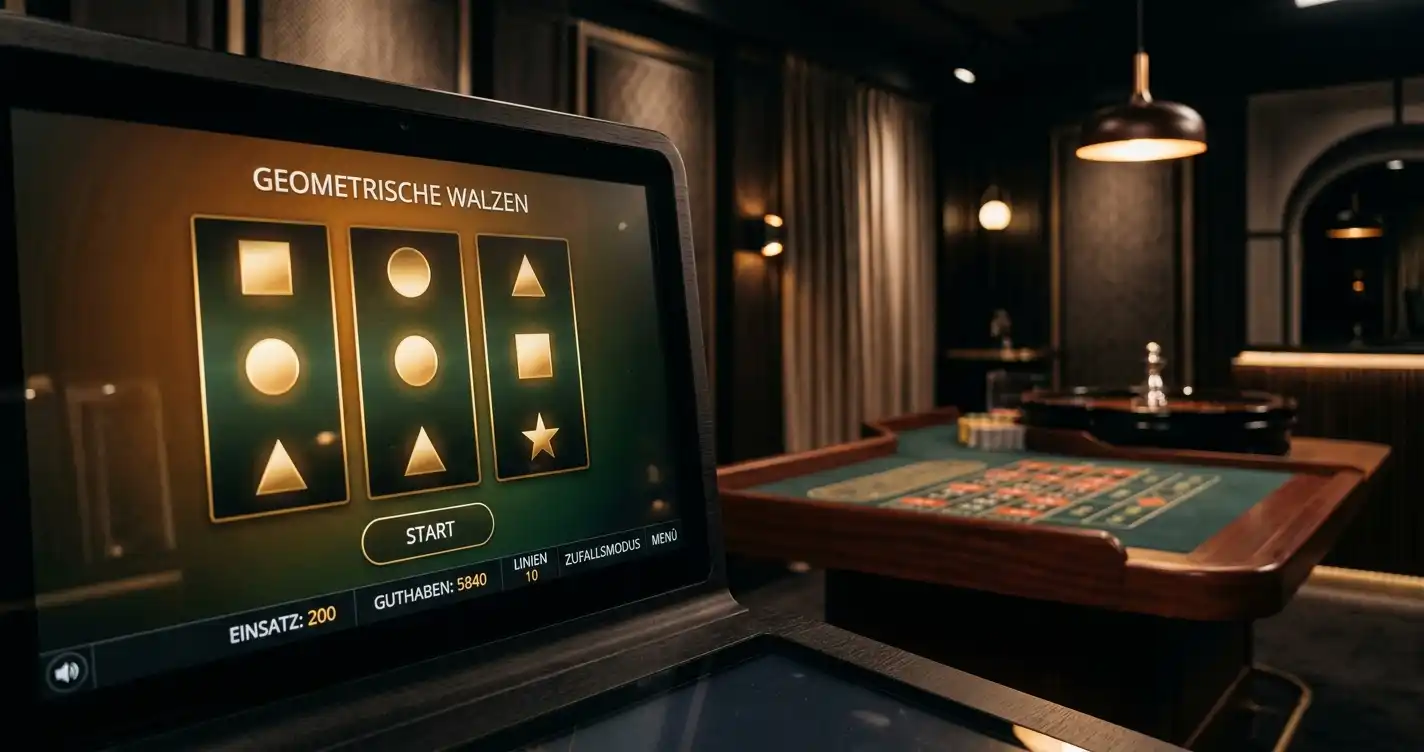 Abstrakte Slotwalzen neben einem beleuchteten Spieltisch