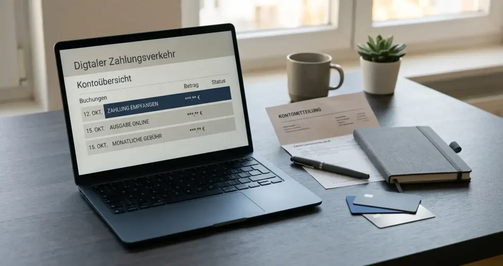 Karten und neutraler Bildschirm mit schematischer Buchungsübersicht auf einem Tisch