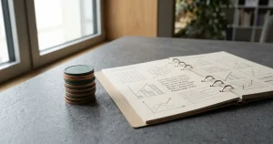 Neutrale Jetons neben geöffnetem Notizbuch mit geometrischen Kästchen