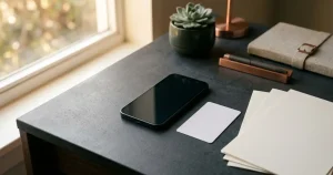 Smartphone neben einem verdeckten Ausweis und neutralen Unterlagen auf einer Tischplatte